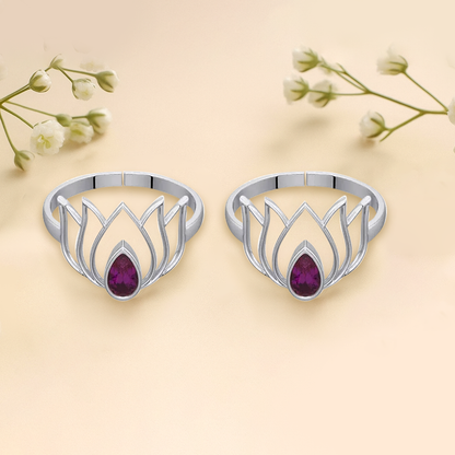 92.5 Sterling Silver Lotus Toe ring with Pink stone