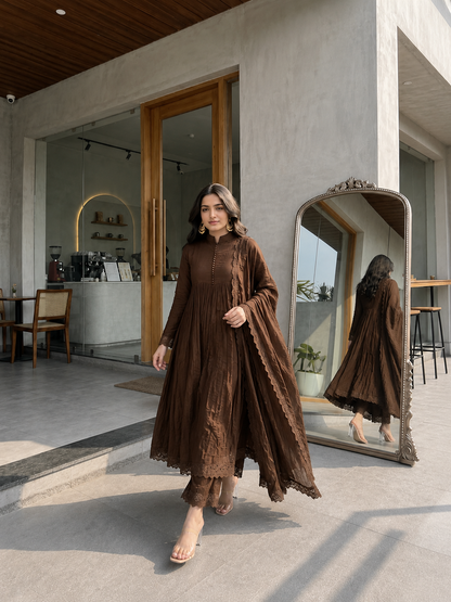 Brown Flared Anarkali Suit Set with Dupatta