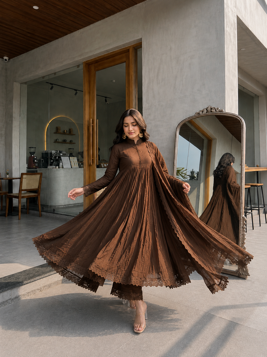 Brown Flared Anarkali Suit Set with Dupatta