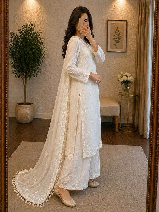 Ethenika Ready Wear Chikankari Kurta Palazzo Dupatta Set