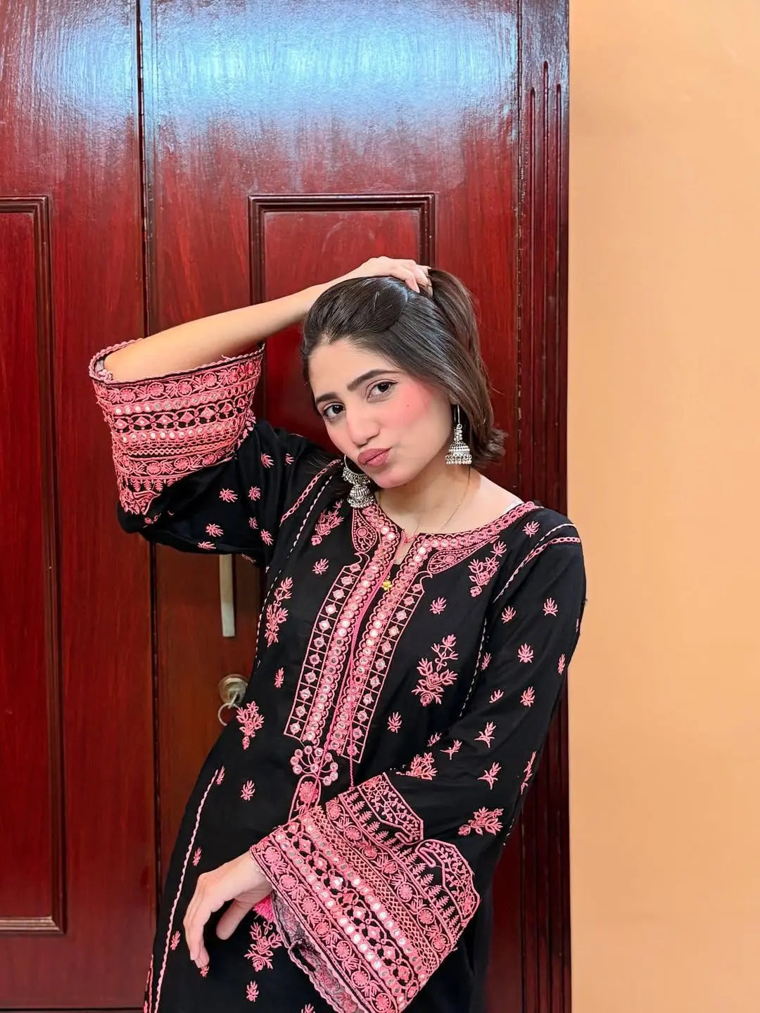Chikankari Style Embroidery with Mirror Work Kurti Palazo Dupatta Set Ethenika.com