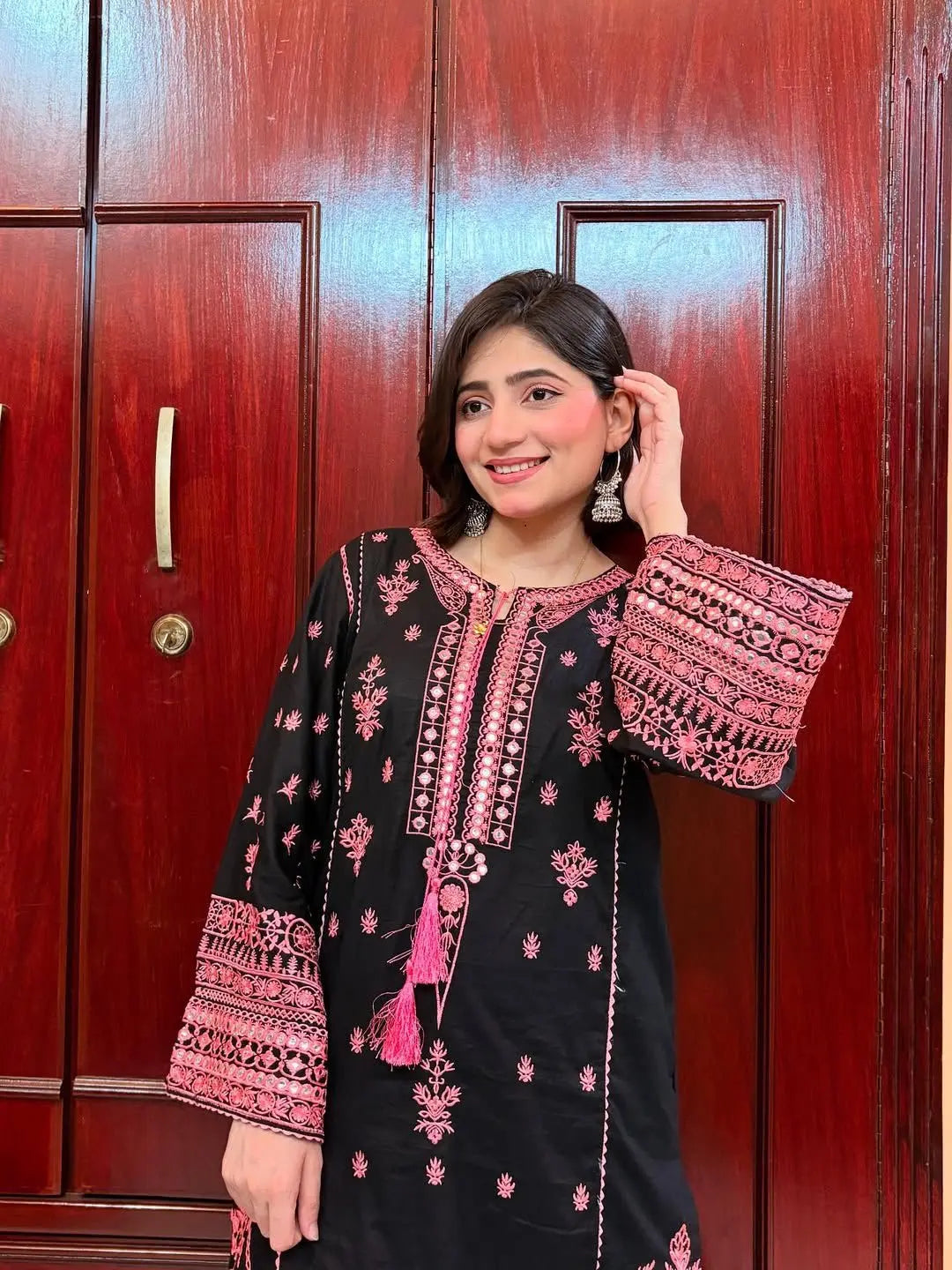 Chikankari Style Embroidery with Mirror Work Kurti Palazo Dupatta Set Ethenika.com