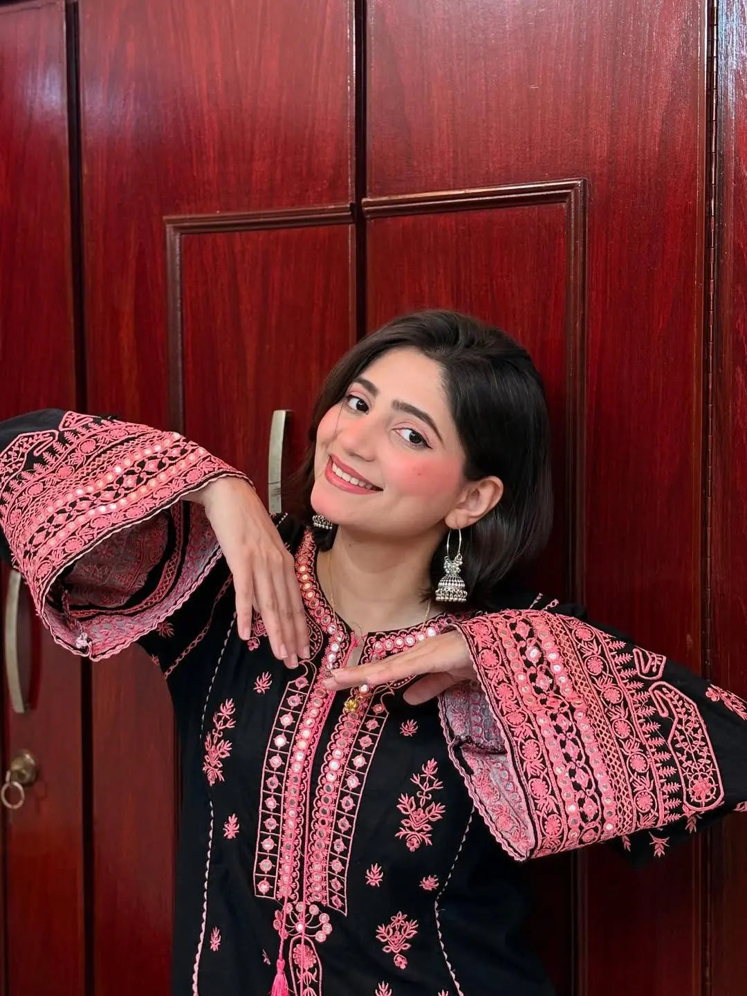 Chikankari Style Embroidery with Mirror Work Kurti Palazo Dupatta Set Ethenika.com