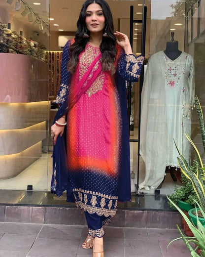 Chinon Digital Bandhani Print with Neck Thread Embroidery work Kurti Pant Dupatta Set(Stitched) - Premium  from Ethenika.com  - Just INR 2990! Shop now at Ethenika.com 