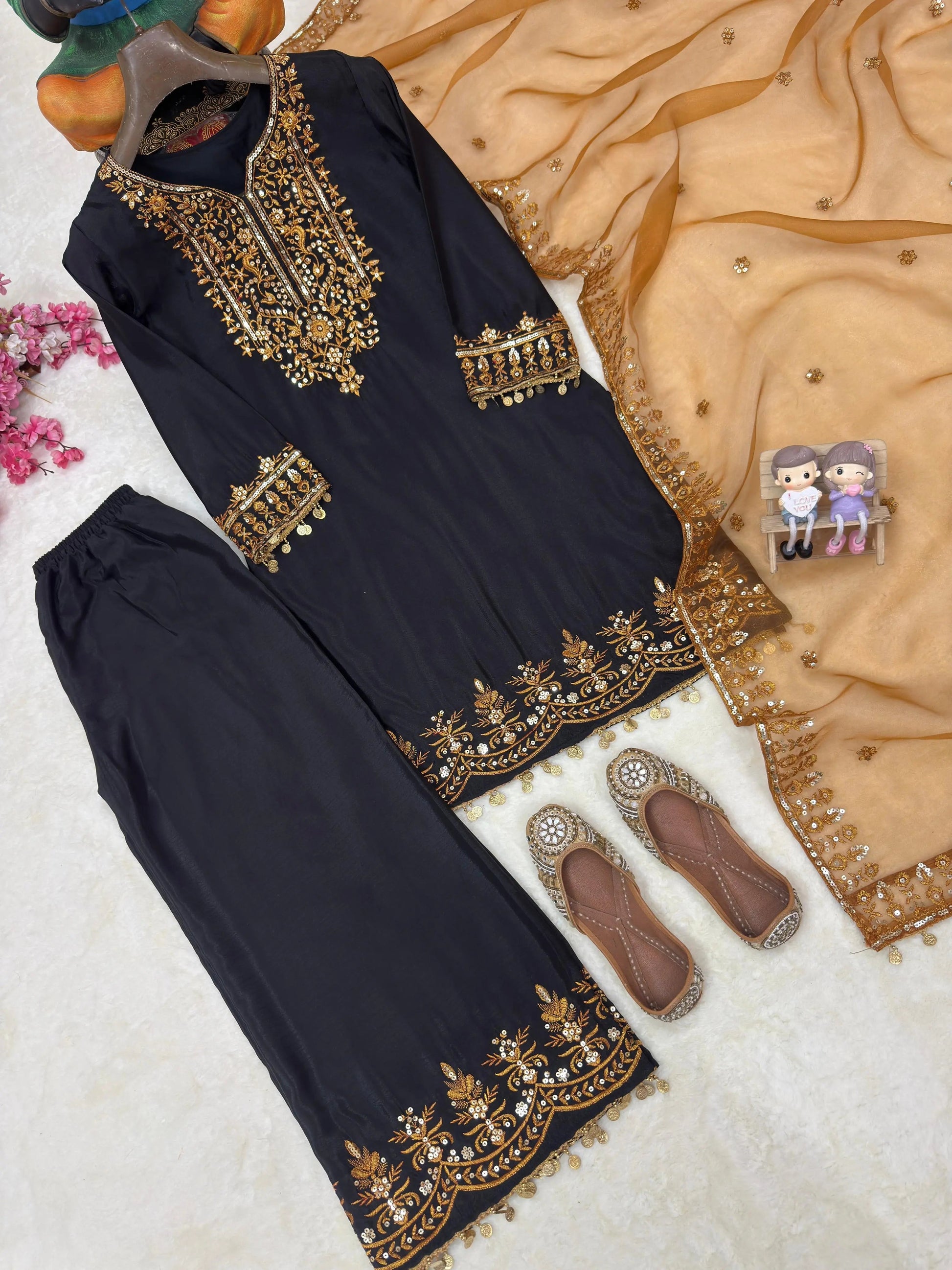 Chinon Silk Designer Kurti Palazzo Dupatta Set for Eid Ethenika.com
