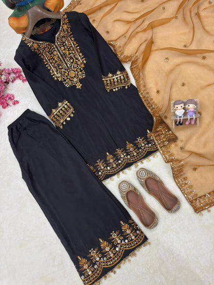 Chinon Silk Designer Kurti Palazzo Dupatta Set for Eid Ethenika.com