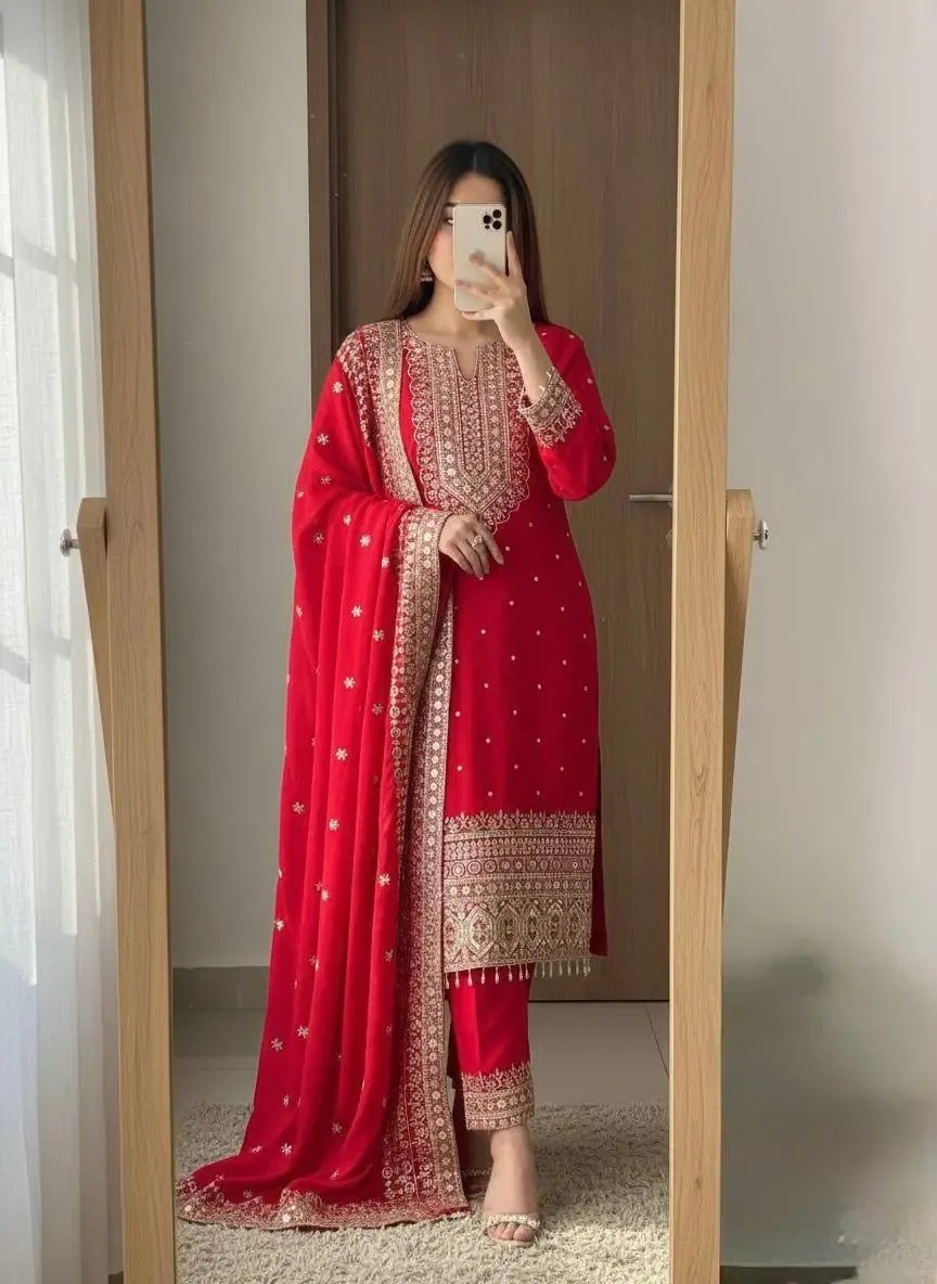 Chinon Silk Designer Party Wear Kurti Pant Dupatta Set Ethenika.com