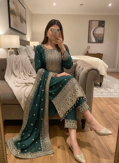 Chinon Silk Designer Party Wear Kurti Pant Dupatta Set Ethenika.com