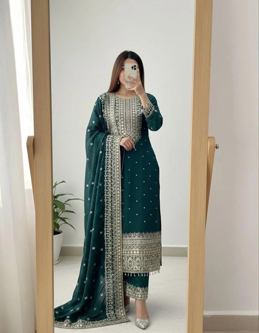 Chinon Silk Designer Party Wear Kurti Pant Dupatta Set Ethenika.com