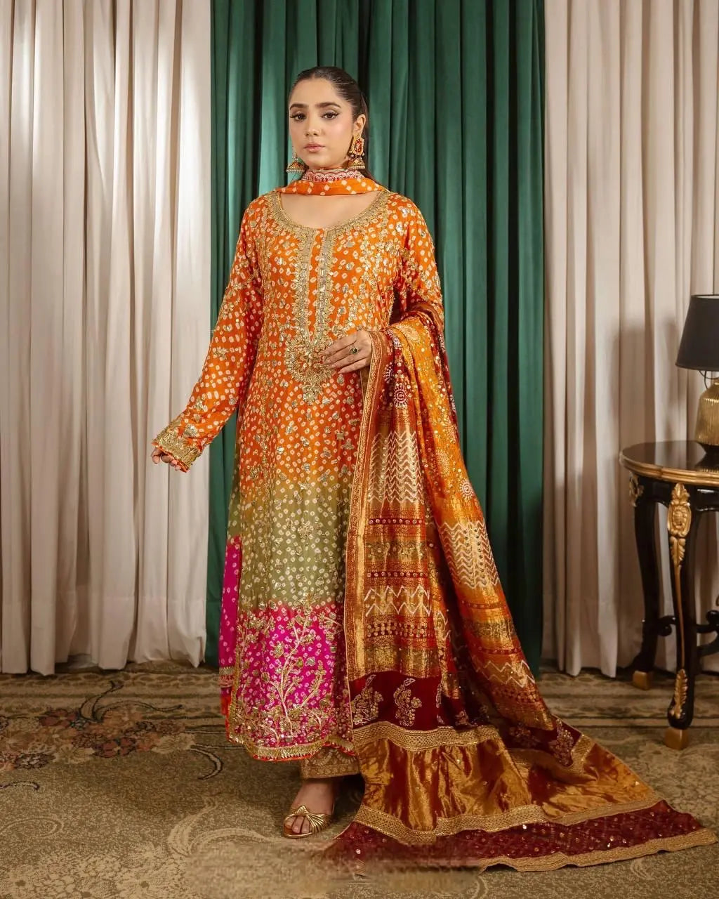 Chinon Silk Digital Bandhani Print with Sequence Embroidery work Party Wear Kurti Pant Dupatta Set (Ready to Wear) Ethenika.com