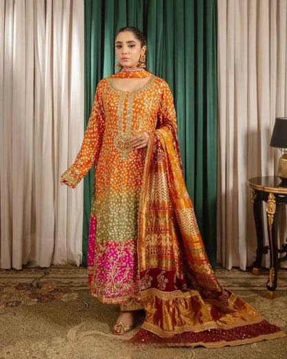 Chinon Silk Digital Bandhani Print with Sequence Embroidery work Party Wear Kurti Pant Dupatta Set (Ready to Wear) Ethenika.com