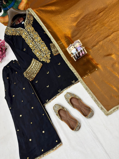 Chinon Silk Ready Wear Designer Kurti Palazzo Dupatta Set Ethenika.com