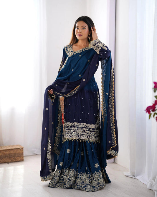 Chinon Silk Real Moti work with Sequence hand embroidery work Kurti Sharara Dupatta Set (Fully Stitched) - Premium  from Ethenika.com  - Just INR 4990! Shop now at Ethenika.com 