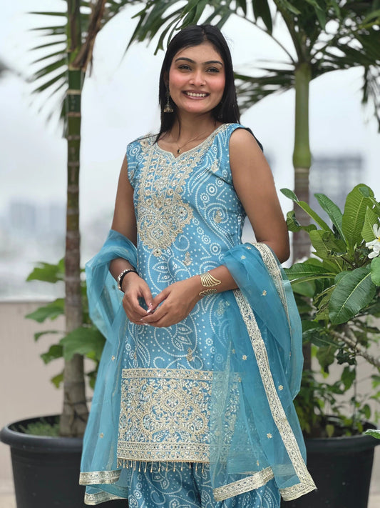 Chinon Silk Sequence Embroidery Work Bandhani Print Kurti Dhoti Pant Dupatta Set (Ready to Wear) Ethenika.com