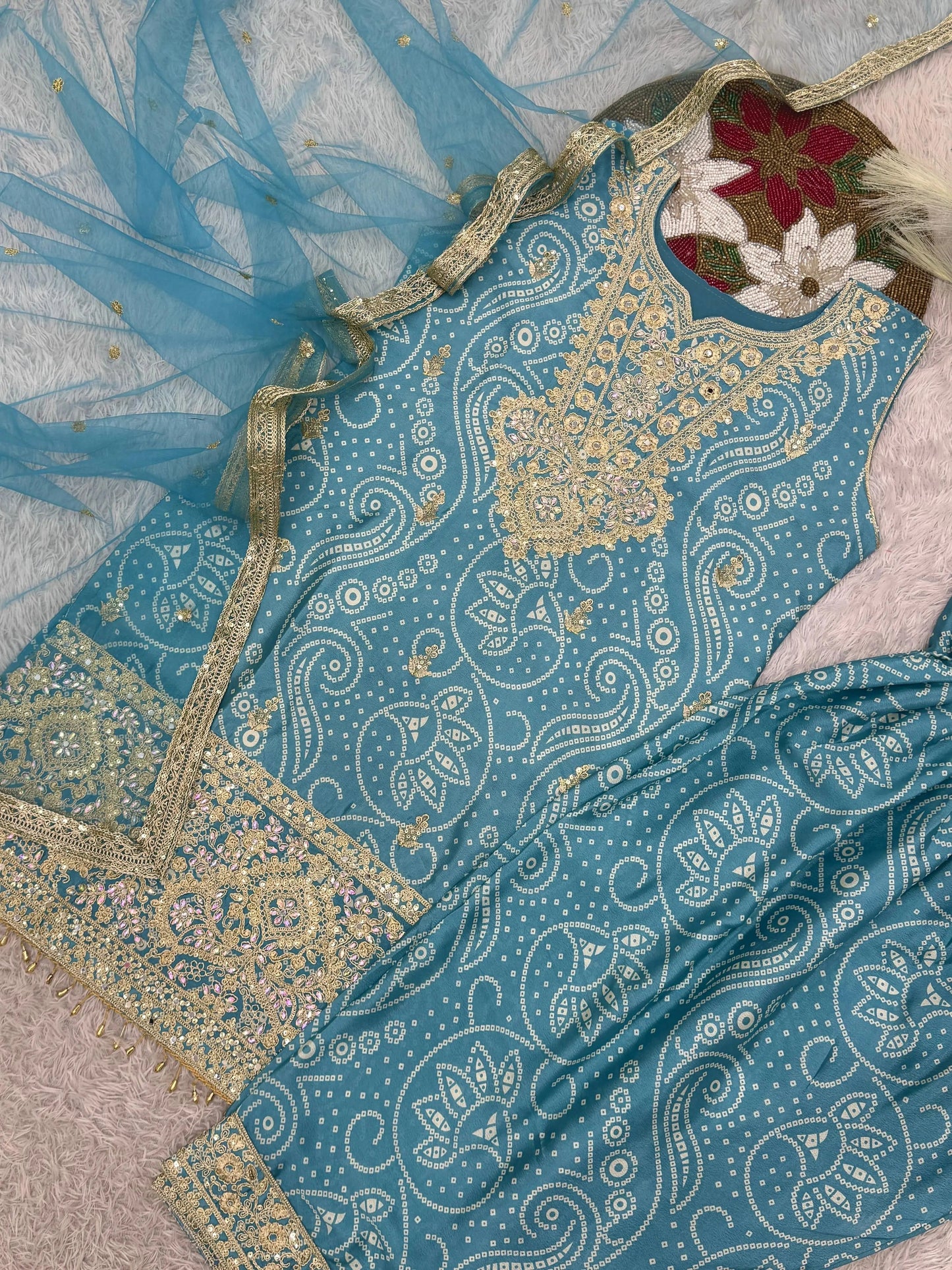 Chinon Silk Sequence Embroidery Work Bandhani Print Kurti Dhoti Pant Dupatta Set (Ready to Wear) Ethenika.com