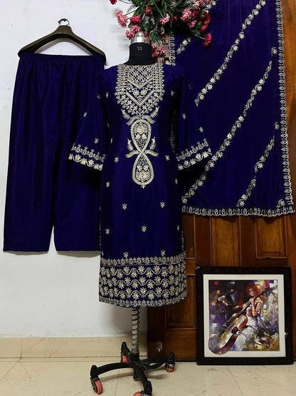 Chinon Silk Sequence Embroidery Work Designer Kurti Pant Dupatta Set (Ready to Wear) Ethenika.com