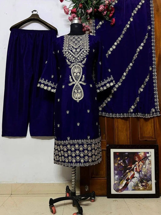 Chinon Silk Sequence Embroidery Work Designer Kurti Pant Dupatta Set (Ready to Wear) Ethenika.com
