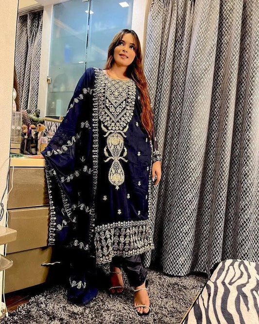 Chinon Silk Sequence Embroidery Work Designer Kurti Pant Dupatta Set (Ready to Wear) Ethenika.com