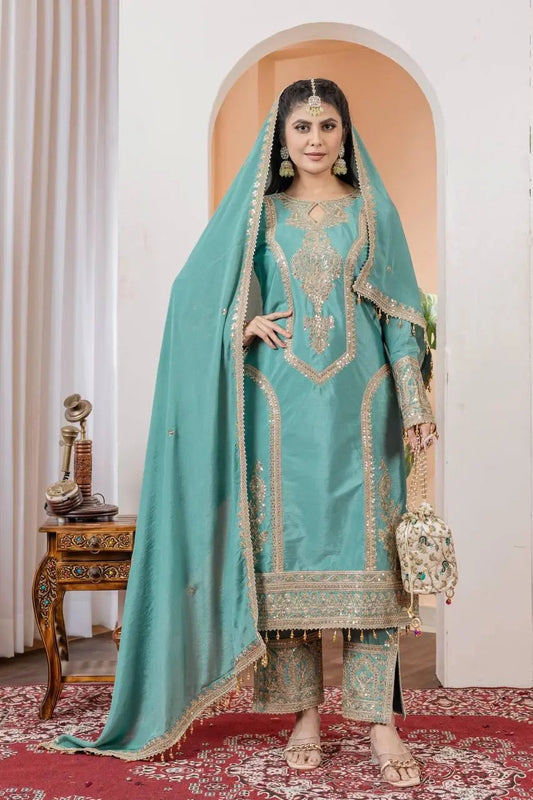 Chinon Silk Sequence Embroidery Work Pakistani Party Wear Salwar Suit Dupatta Set (Fully Stitched) - Premium from Ethenika.com - Just INR 3990! Shop now at Ethenika.com