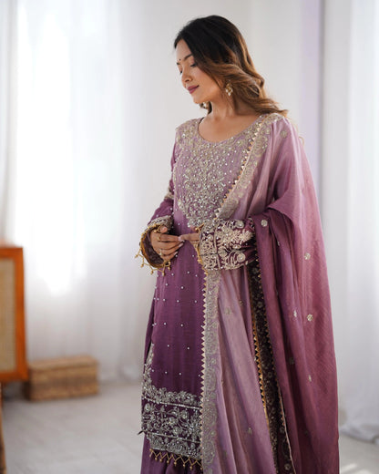 Chinon Silk Sequence Embroidery with Moti Work Kurti Sharar Dupatta Set (Stitched) - Premium  from Ethenika.com  - Just INR 4990! Shop now at Ethenika.com 