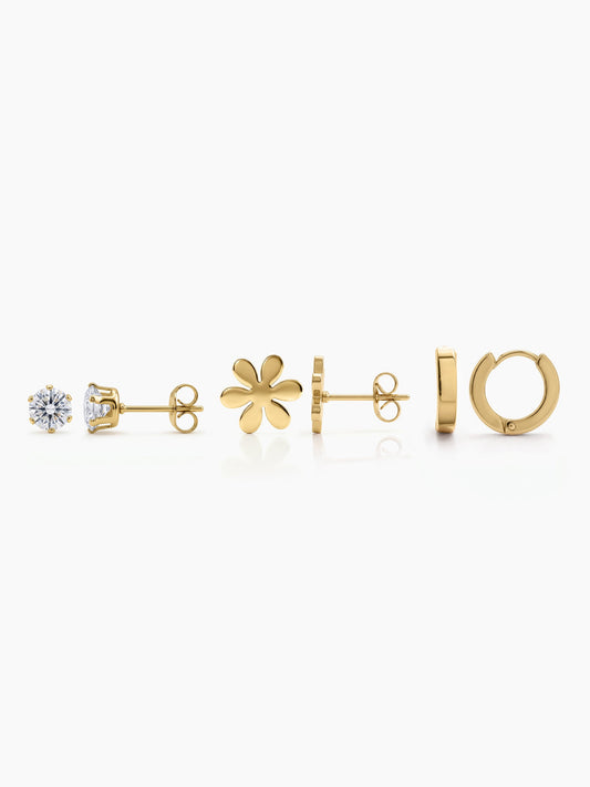 Cireva Flower Trio 18K Gold Plated Women's Earrings Set - Swashaa