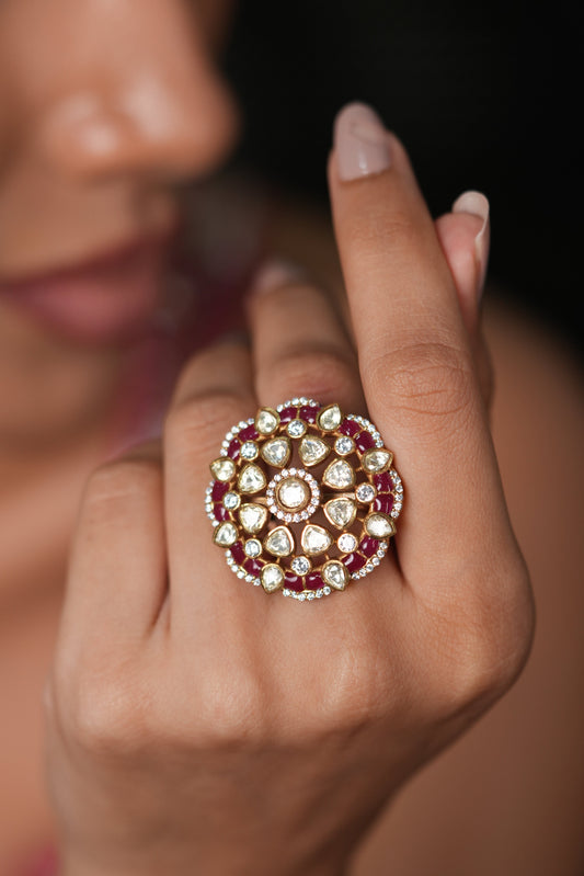 Mira Polki Moissanite Floral Uncut Diamond Ring | Adjustable