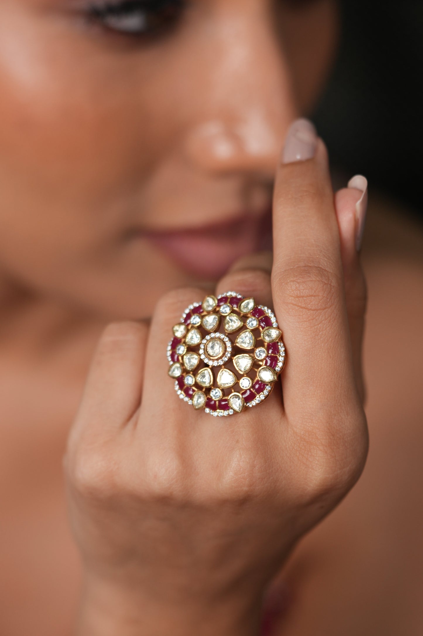 Mira Polki Moissanite Floral Uncut Diamond Ring | Adjustable