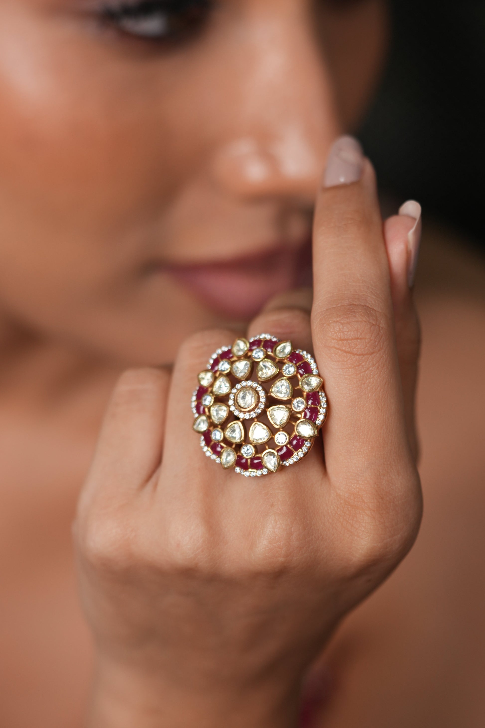 Mira Polki Moissanite Floral Uncut Diamond Ring | Adjustable