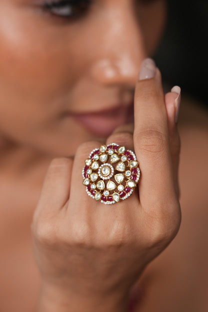 Mira Polki Moissanite Floral Uncut Diamond Ring | Adjustable