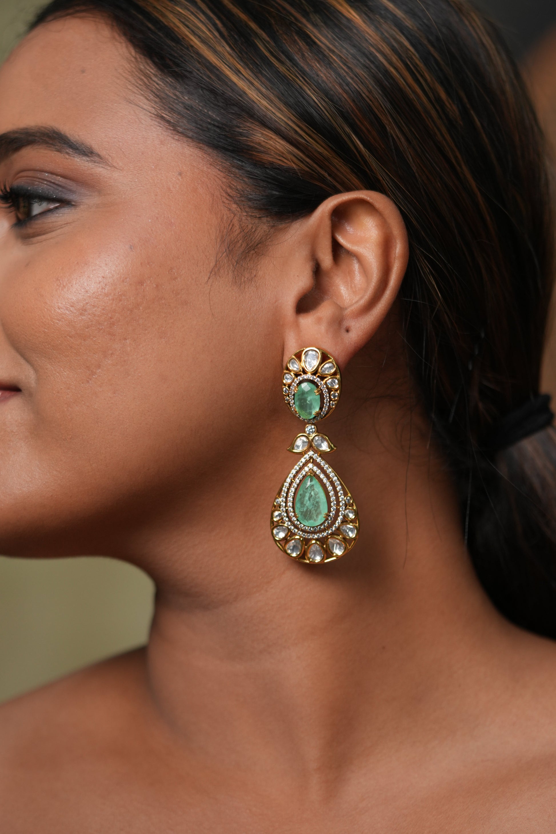 Divisha Moissanite Danlger Polki Long Indian Earrings