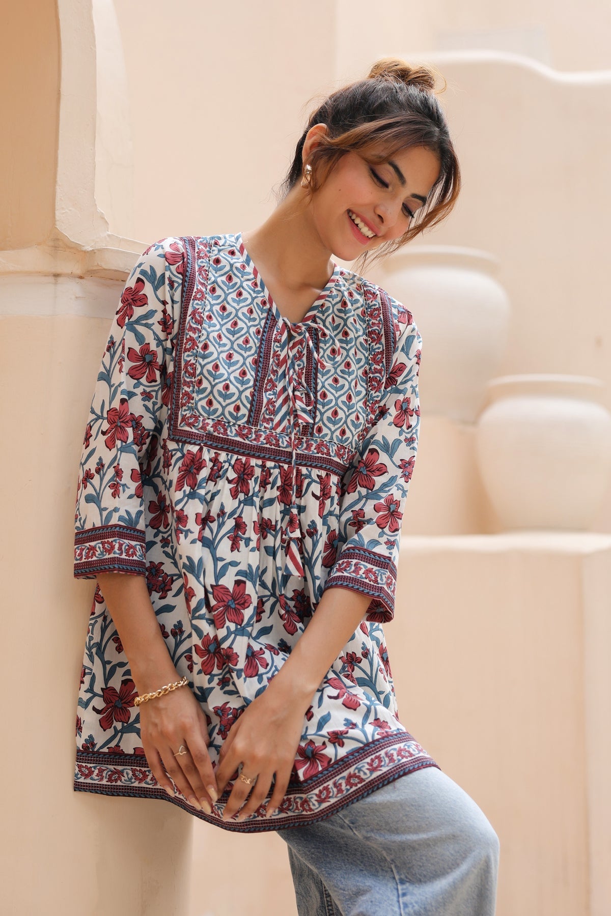 Cotton Floral Tie-Up Neck Top