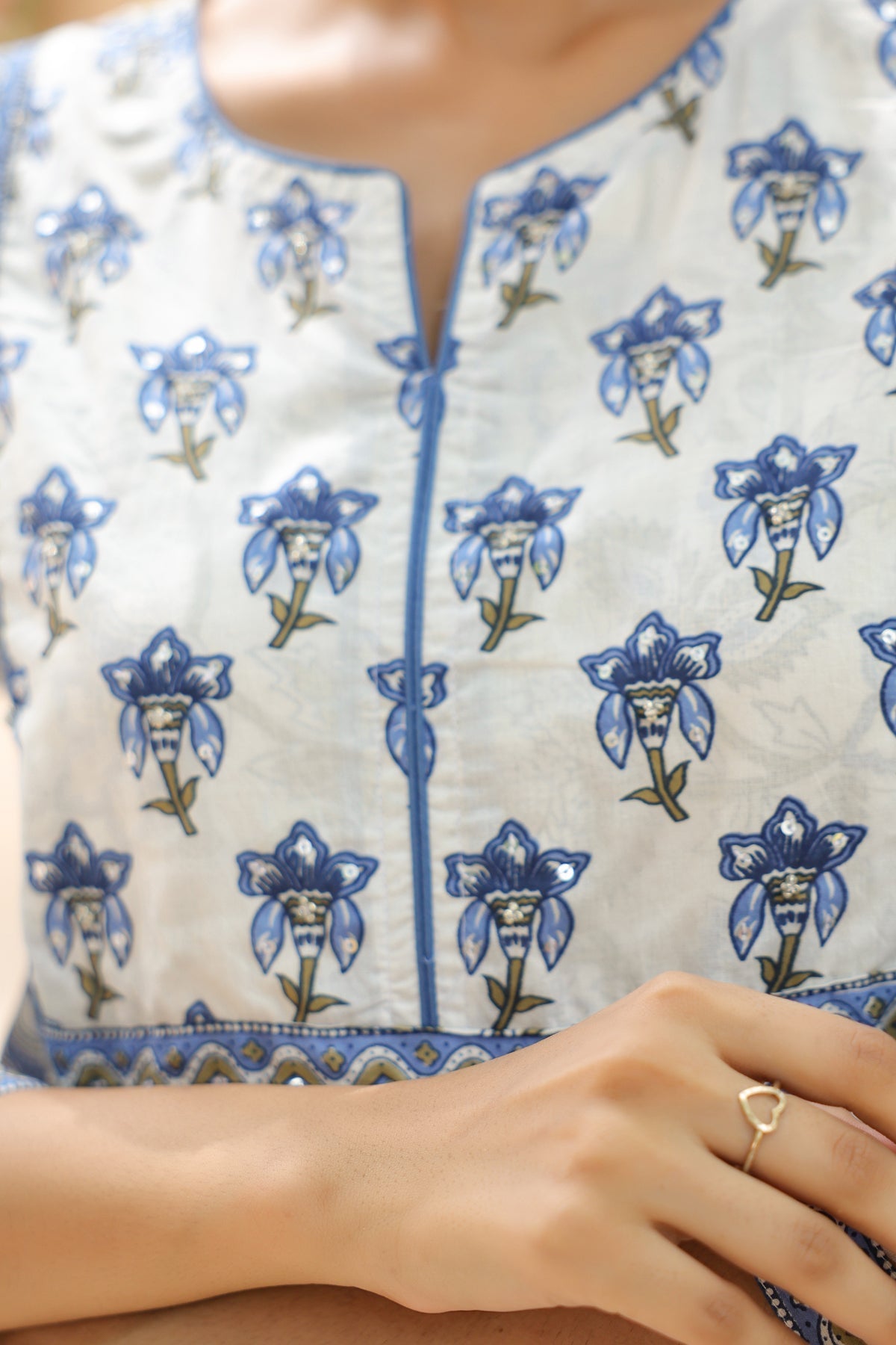 Cotton White Blue Print Top