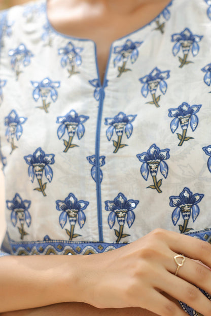 Cotton White Blue Print Top