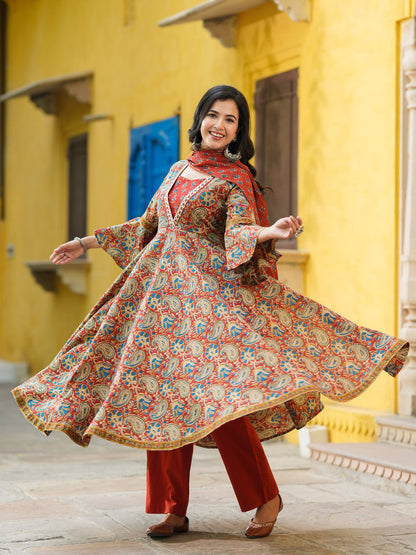 Cotton ethnic printed kurta set maroon color