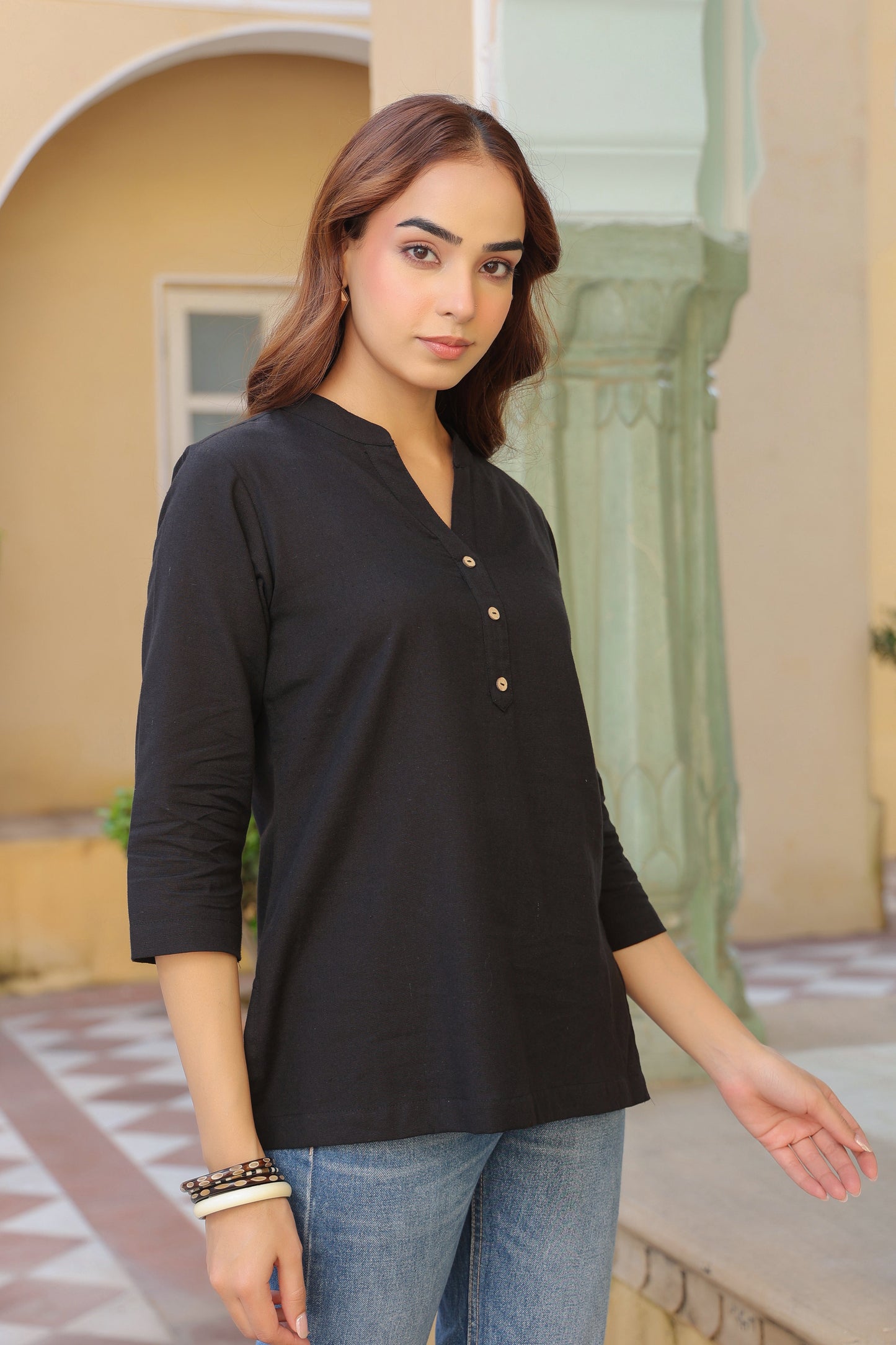 Cotton mandarin collar top for women