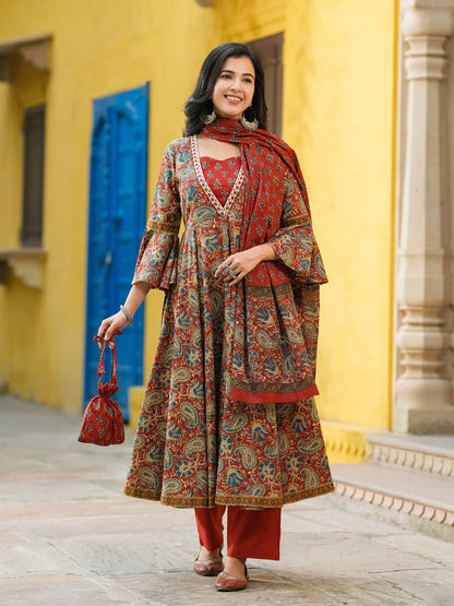 Cotton maroon kurta and pant with dupatta