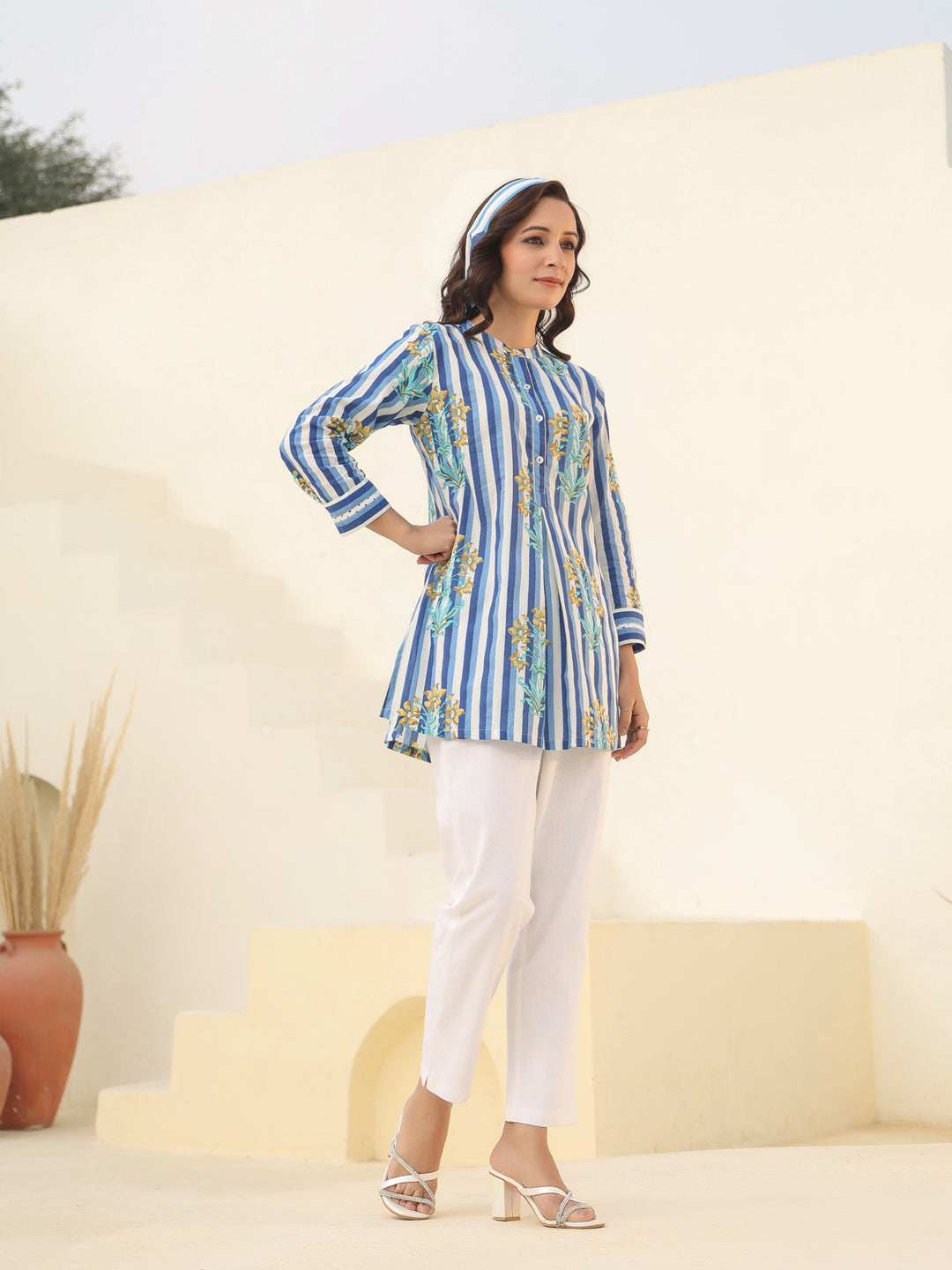 Cotton striped mandarin neck tunic