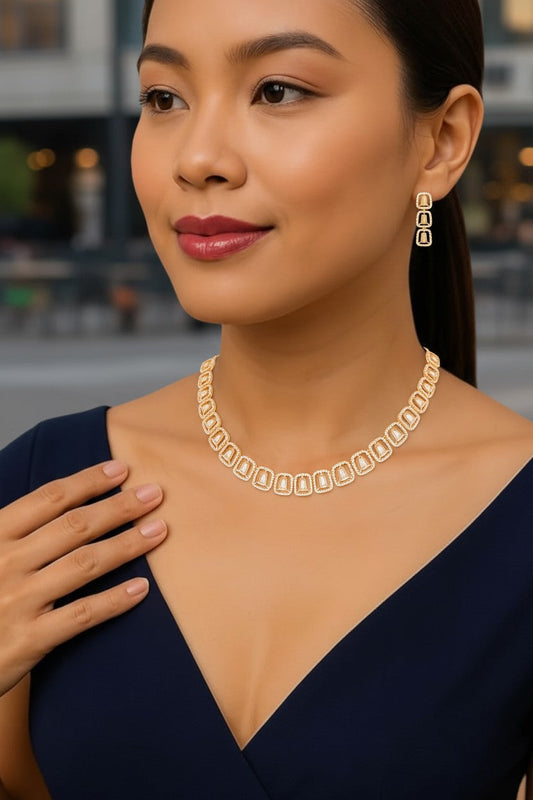 Rose Gold Plated American Diamond Necklace & Earrings Set