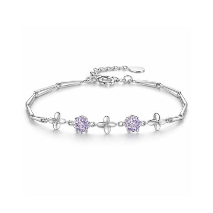 Latest Stylish Silver Plated Cubic Zirconia Clover Shaper Charm Bracelet for Women, Gifts for Girlfriend, Women & Girls (Purple)