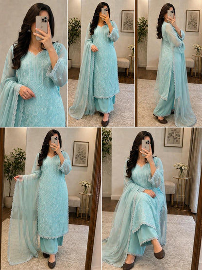 Faux Georgette Chikankari Kurti Palazzo Dupatta Set
