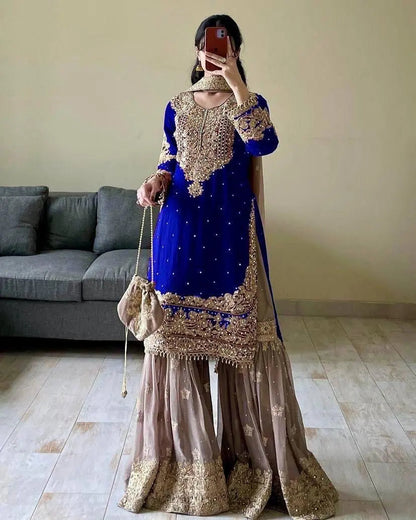 Real mirror Embroidery work Kurti Sharara Dupatta set - Premium  from Ethenika.com  - Just INR 3990! Shop now at Ethenika.com 