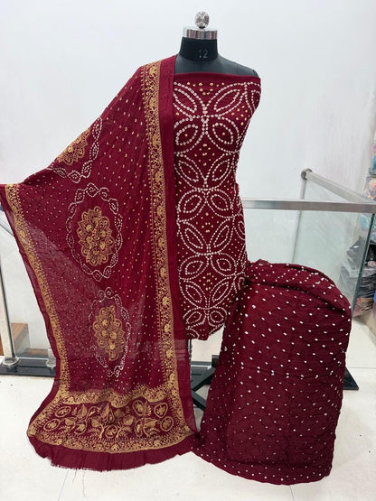 Modal Silk Original Hand Crafted Silk 3pc Bandhani Dress Material