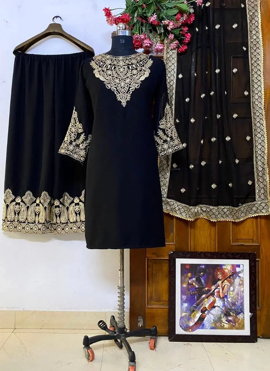 Georgette Zari Embroidery Stone neck work  kurti Pant Dupatta Set - Premium  from Ethenika.com - Just INR 2490! Shop now at Ethenika.com 