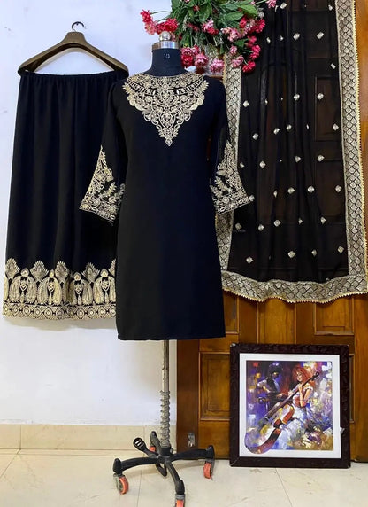 Georgette Zari Embroidery Stone neck work  kurti Pant Dupatta Set - Premium  from Ethenika.com - Just INR 2490! Shop now at Ethenika.com 