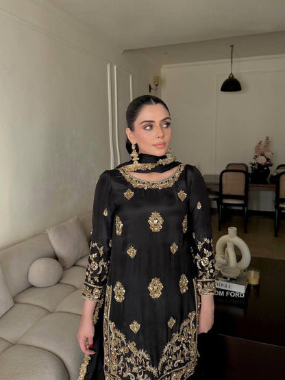 Chinon Silk Designer Kurti Sharara Dupatta Set