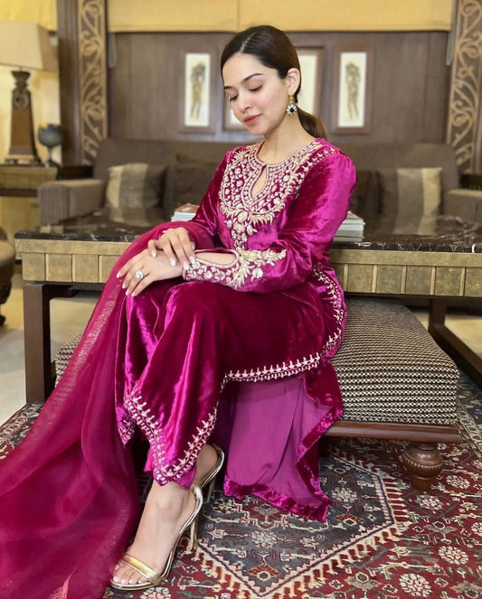 Premium Embroidery work Velvet Kurti Pant Dupatta Set ( Stitched) - Premium  from Ethenika.com - Just INR 2190! Shop now at Ethenika.com 