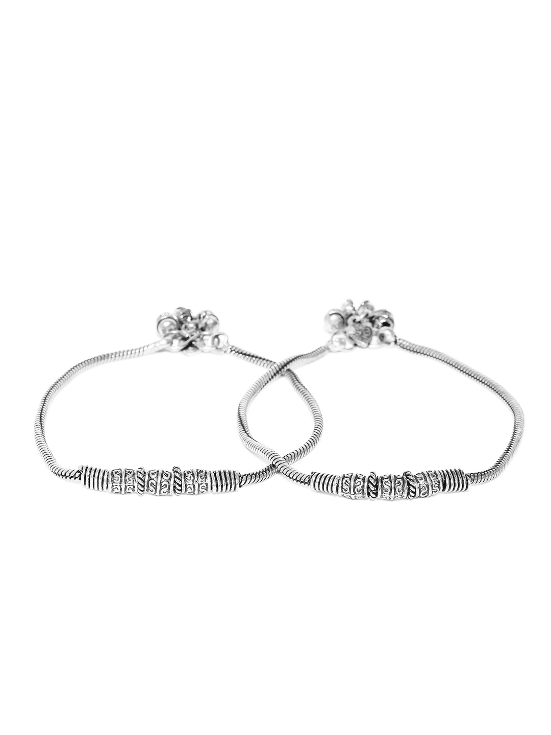 Set Of 2 Oxidised Silver Plated Textured And Spiral Pattern Anklets