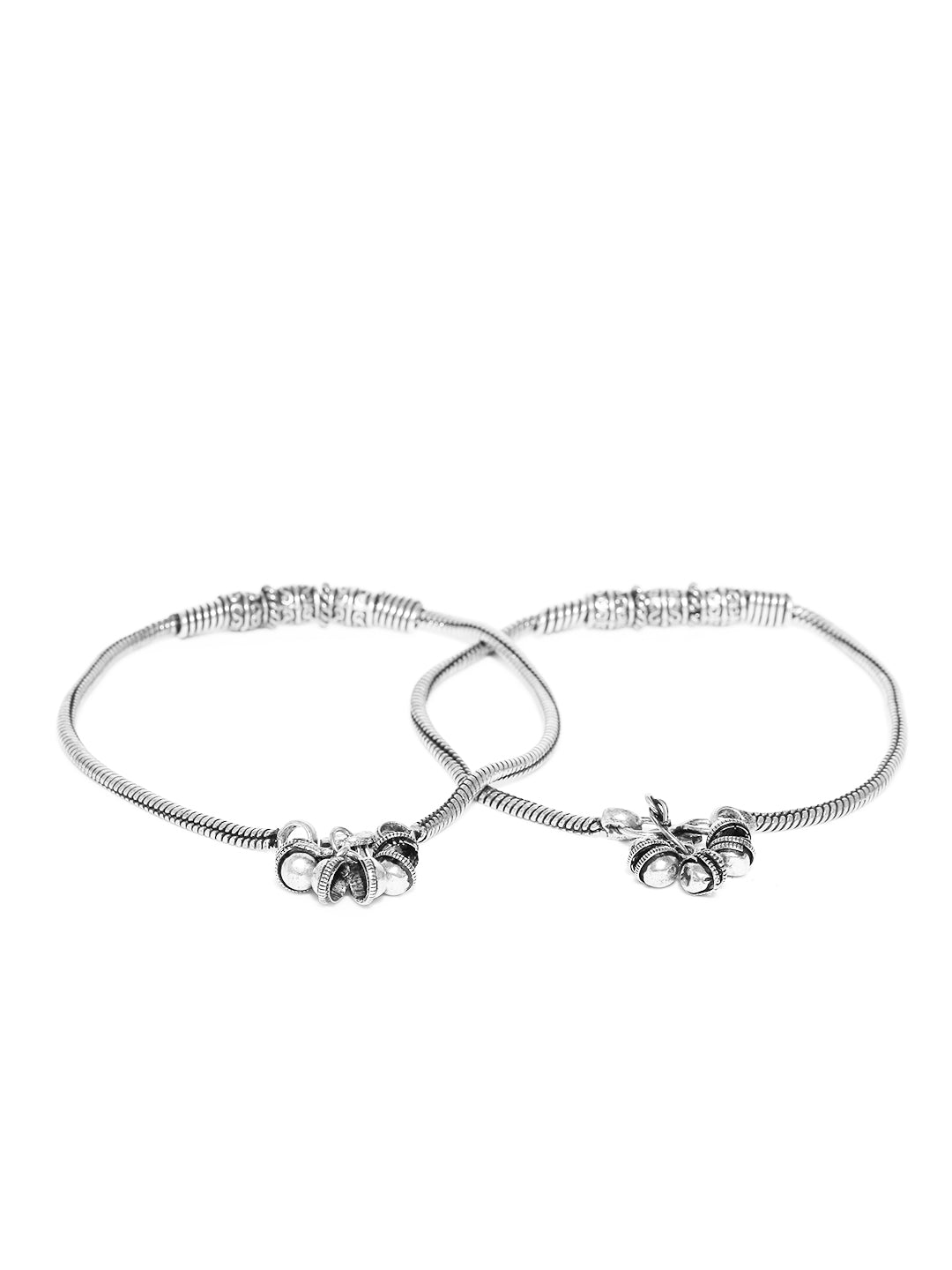 Set Of 2 Oxidised Silver Plated Textured And Spiral Pattern Anklets