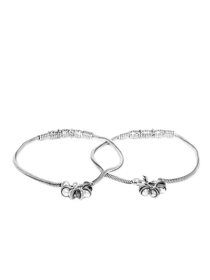 Set Of 2 Oxidised Silver Plated Textured And Spiral Pattern Anklets