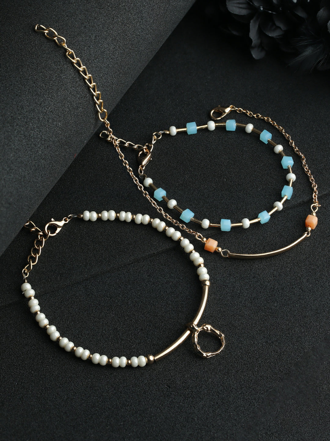 Prita Colorful Artificial Stones Rose Gold Plated Link Bracelet Set of 3